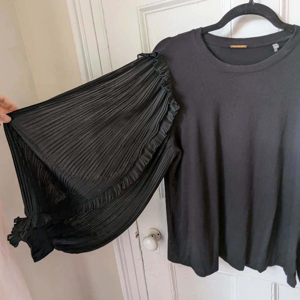 Elie Tahari Black Ruffled Top with Sheer Balloon Sleeves - Size L